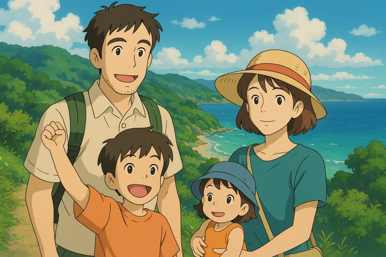 A family in Ghibli style